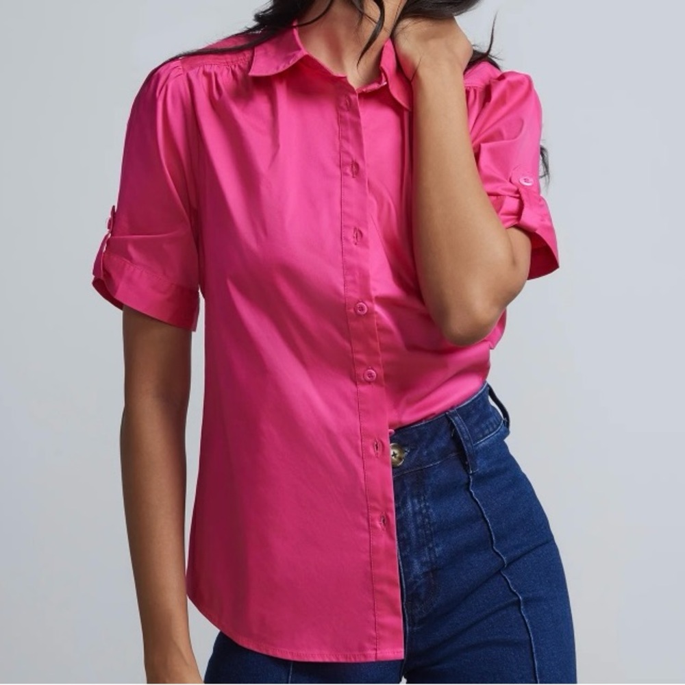 Short-Sleeve Button-Front Secret Snap - NY&C Madison Shirt® LARGE / PINK - NWT